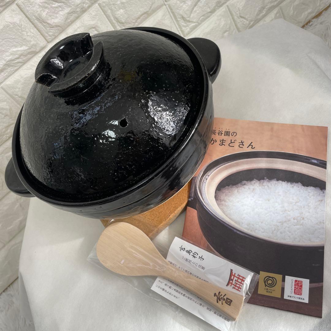 新品未使用品/長谷園のかまどさん、伊賀焼窯元、3合炊き、天然木宮島杓子付き、国産