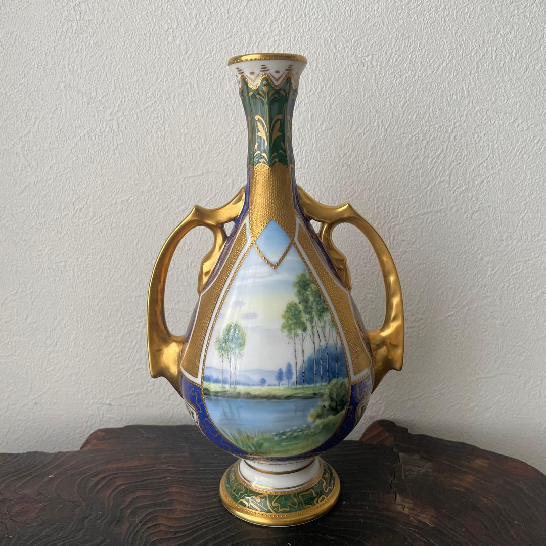 オールドノリタケ　Noritake 花瓶 風景画 白樺　手描き　T403
