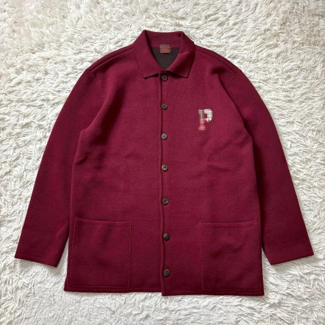 美品　PAPAS　ニットジャケット　カーディガン　Pロゴ　ウール　赤　M