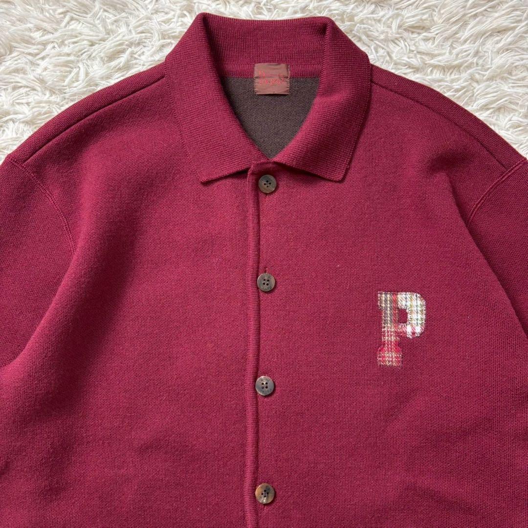 美品　PAPAS　ニットジャケット　カーディガン　Pロゴ　ウール　赤　M
