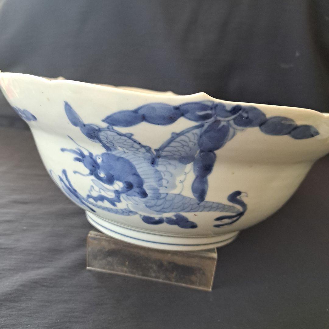 「古伊万里 無傷の大鉢(直径29cm) 龍と蝶の文様！」染付鉢 骨董アンティーク