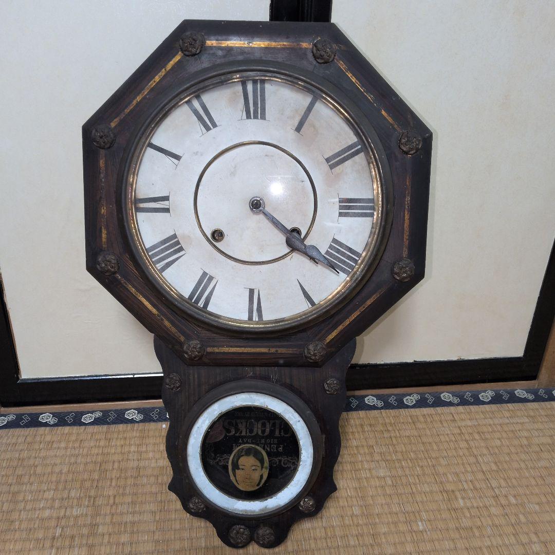 精工舎　稼働品　八角時計　鋲付き　ゼンマイ時計　振り子時計　アンティーク調