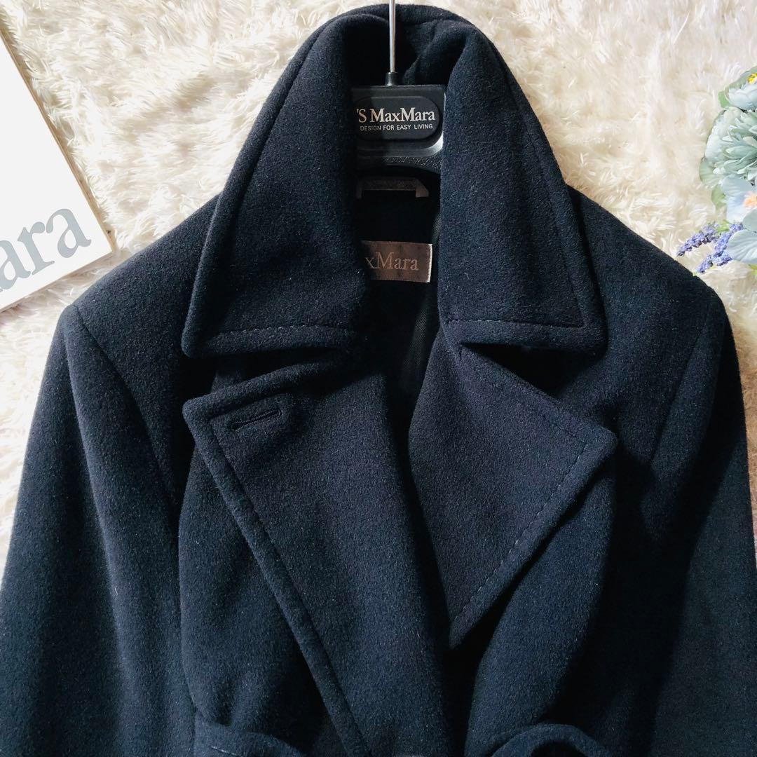 希少42✨美品 マックスマーラ ベルテッドコート アンゴラ 女優襟 ブラック