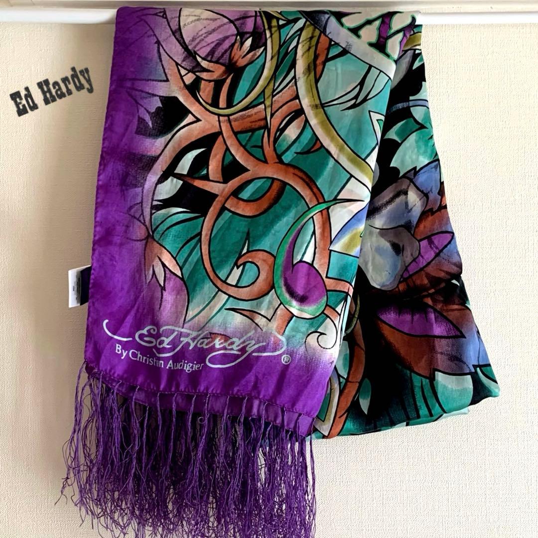 エドハーディー y2k スカル アート デザイン パープル フリンジ スカーフ