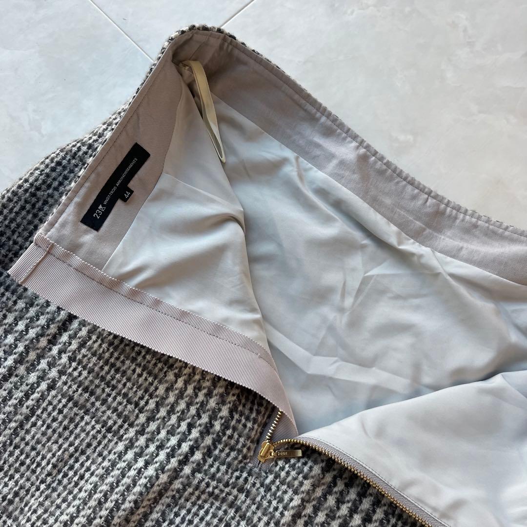 美品 23区 グレンチェック フレアスカート グレー系 44 大きいサイズ