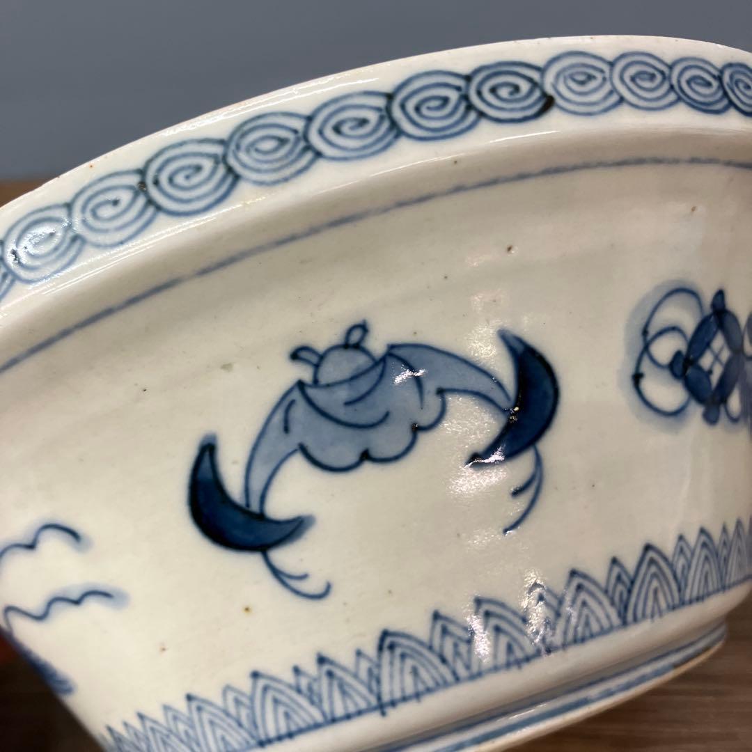 D-4 アンティーク 蓋付き 染付 錦手 鳳凰文様 鉢 時代物 骨董 古美術 丼