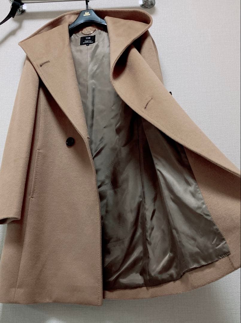美品　23区　羊毛✖️アンゴラ　ビーバーフーデットコート　キャメル40 Lサイズ