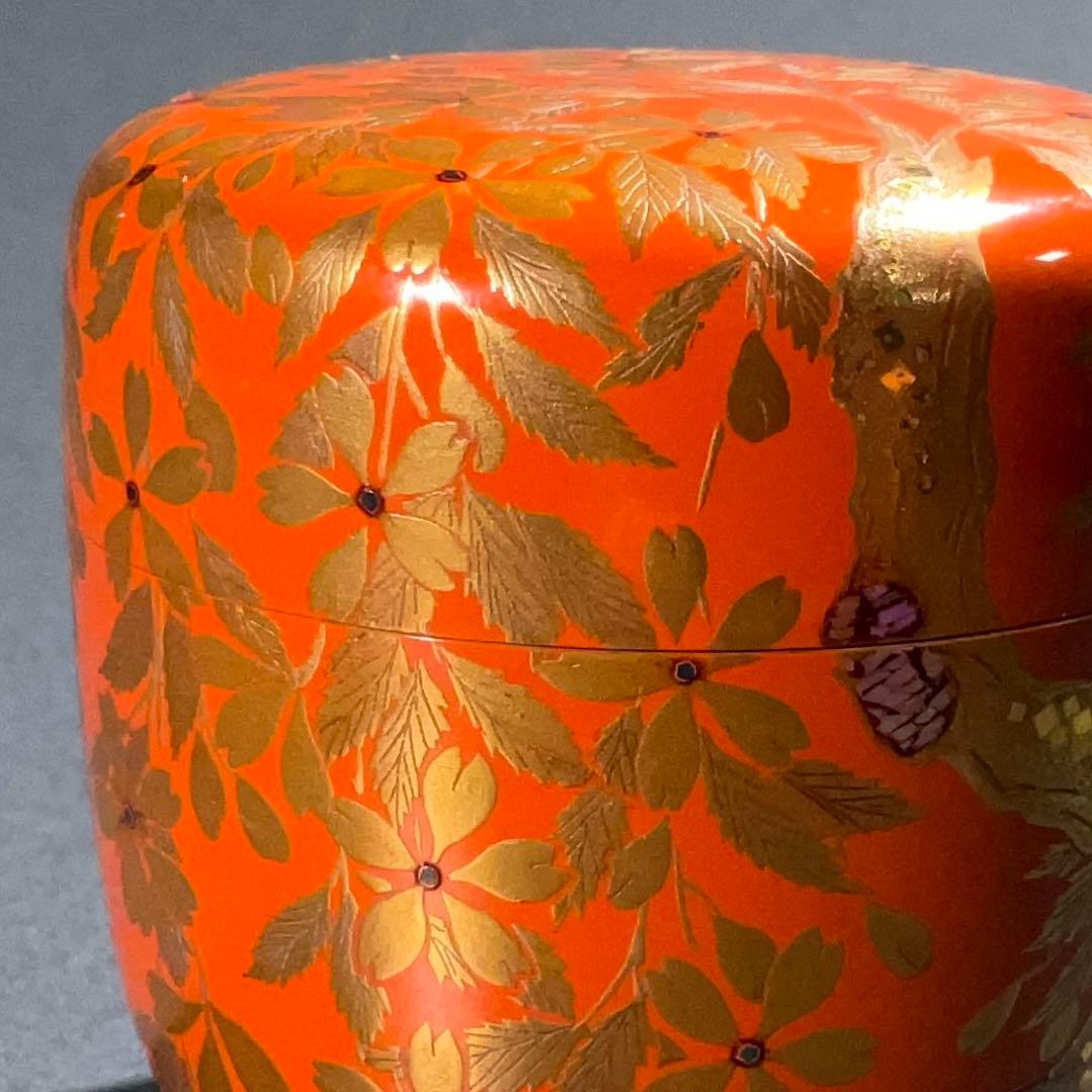 【茶道具】枝垂れ桜蒔絵　棗　朱漆　螺鈿　都作　6R0897