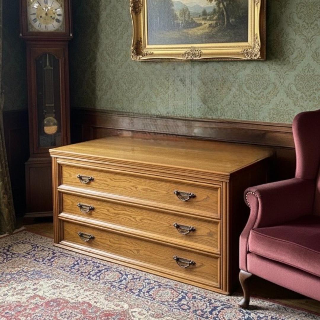 【送料込】英国アンティーク調 ローチェスト 3段 テレビ台 オーク 収納 家具