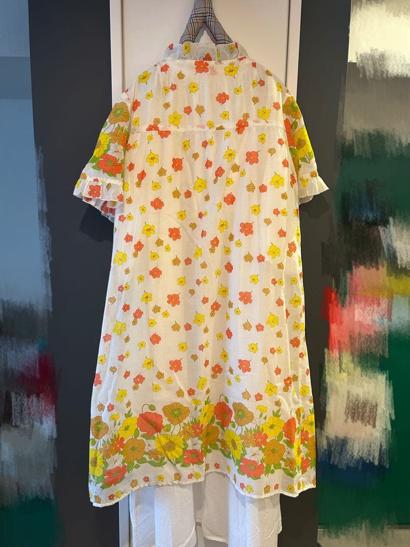 60 70 古着　ポッピーフラワープリント五分袖ラングブラウス