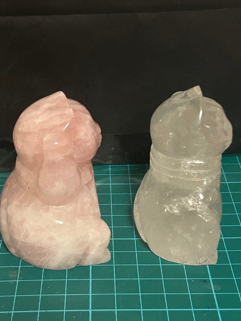 【天然石】ローズクォーツ アイリス水晶 ペア 招き猫 手彫り 開運 金運 来福❣️