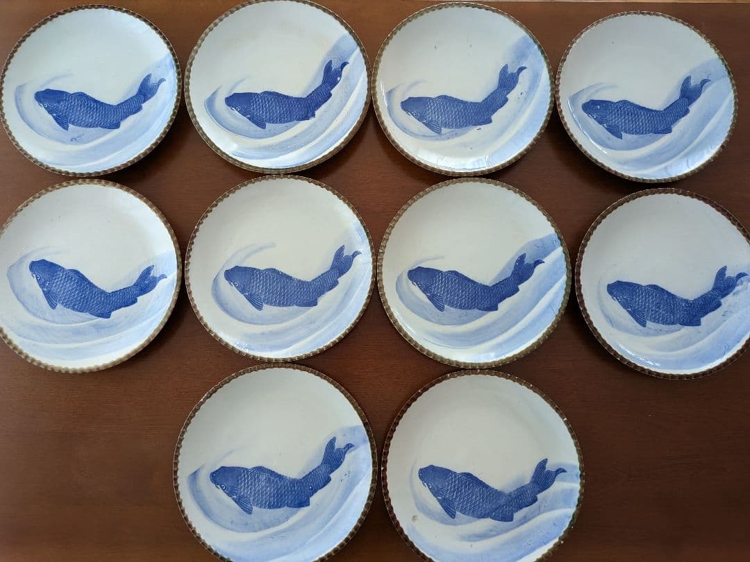 m*0様 青い鯉の絵柄の皿 イゲ皿 直径約24cm 10枚セット アンティーク