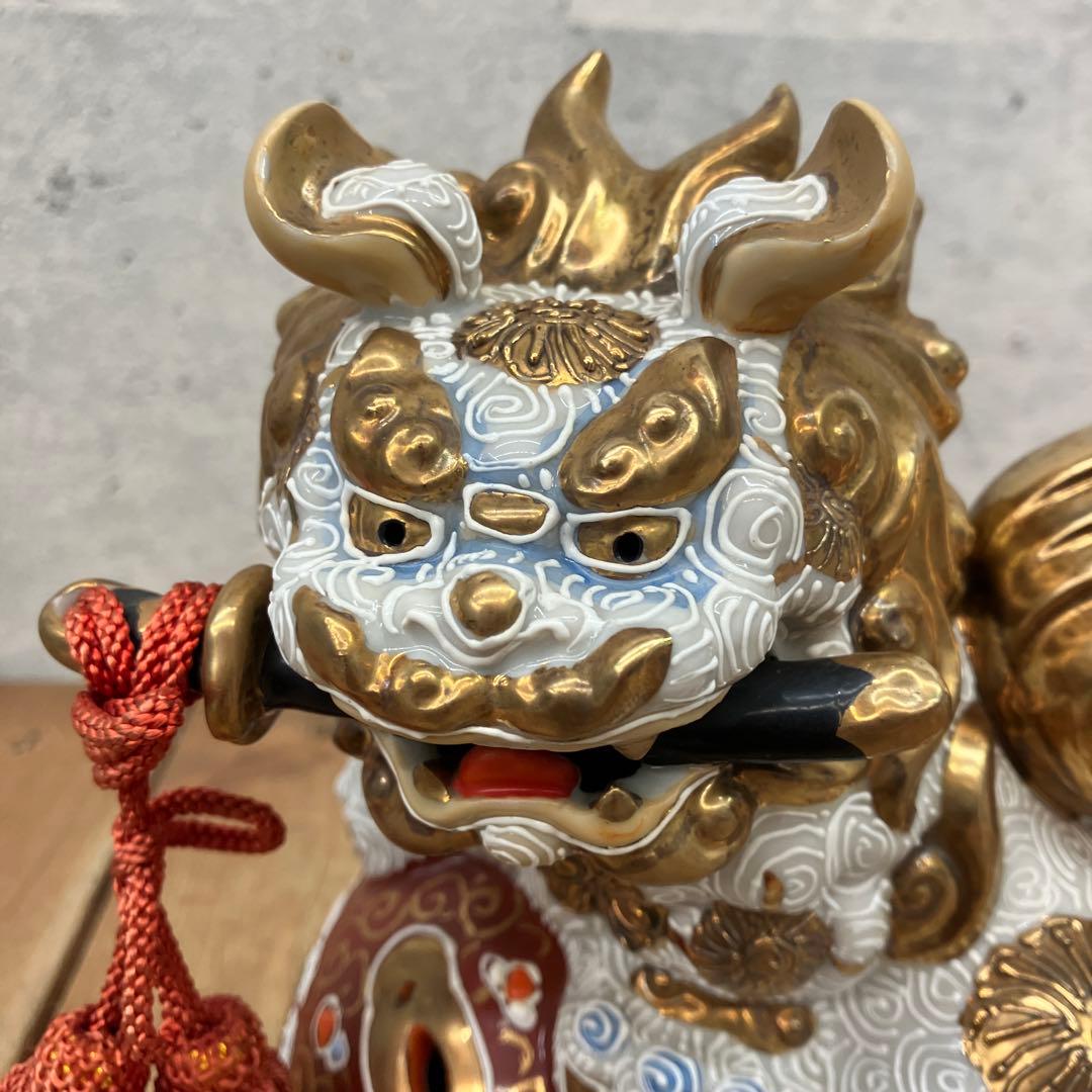 昭和レトロ 九谷焼 陶器製 玉乗り獅子 唐獅子 剣獅子 白獅子 縁起物 置物