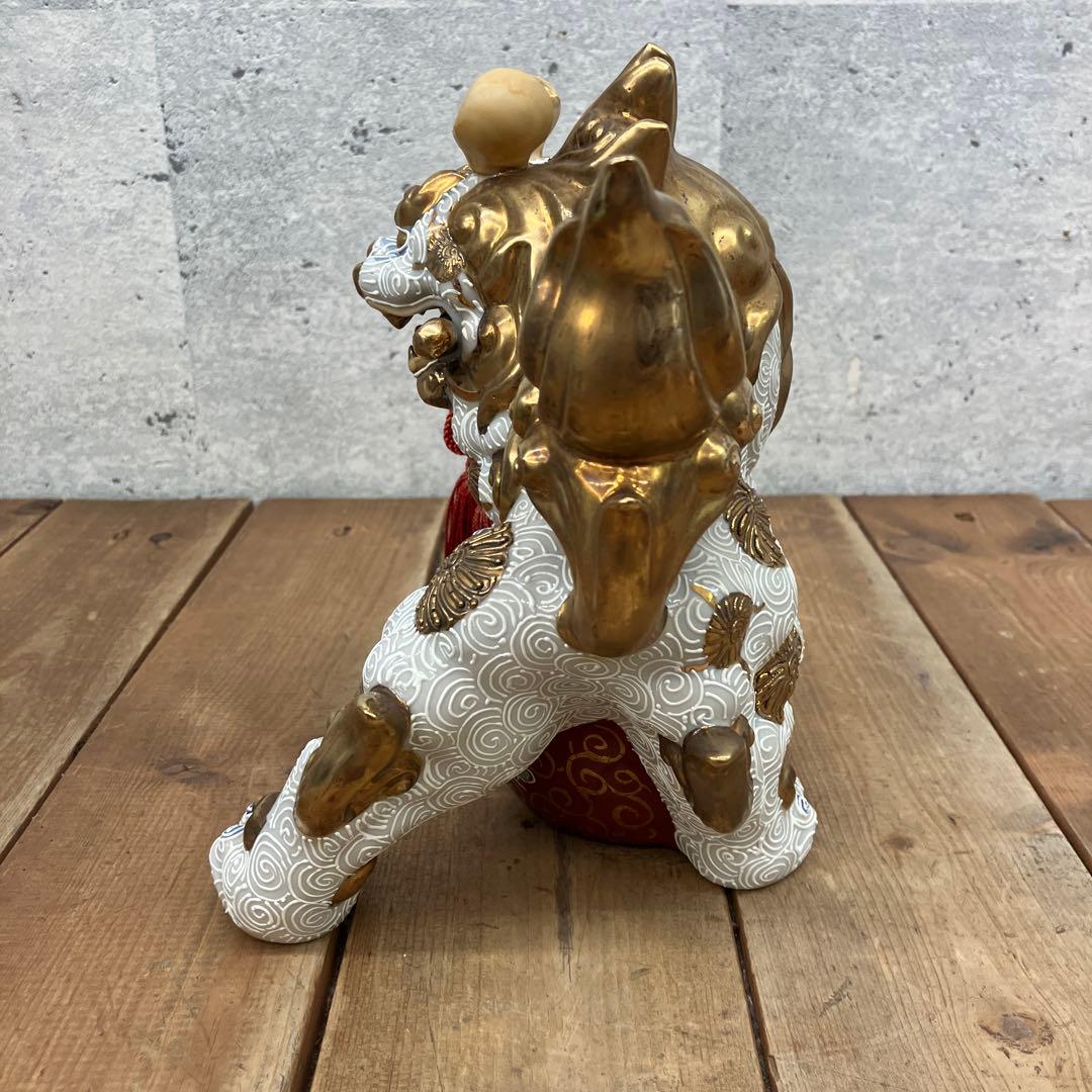 昭和レトロ 九谷焼 陶器製 玉乗り獅子 唐獅子 剣獅子 白獅子 縁起物 置物