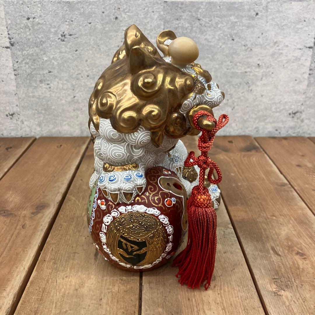 昭和レトロ 九谷焼 陶器製 玉乗り獅子 唐獅子 剣獅子 白獅子 縁起物 置物