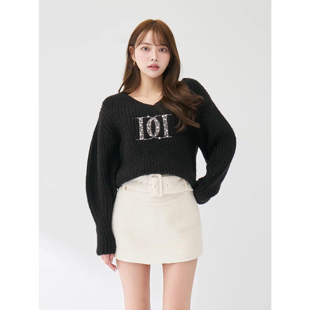 Darian ダーリッチ　ファンシービーズDDロゴボリュームニットトップス 黒