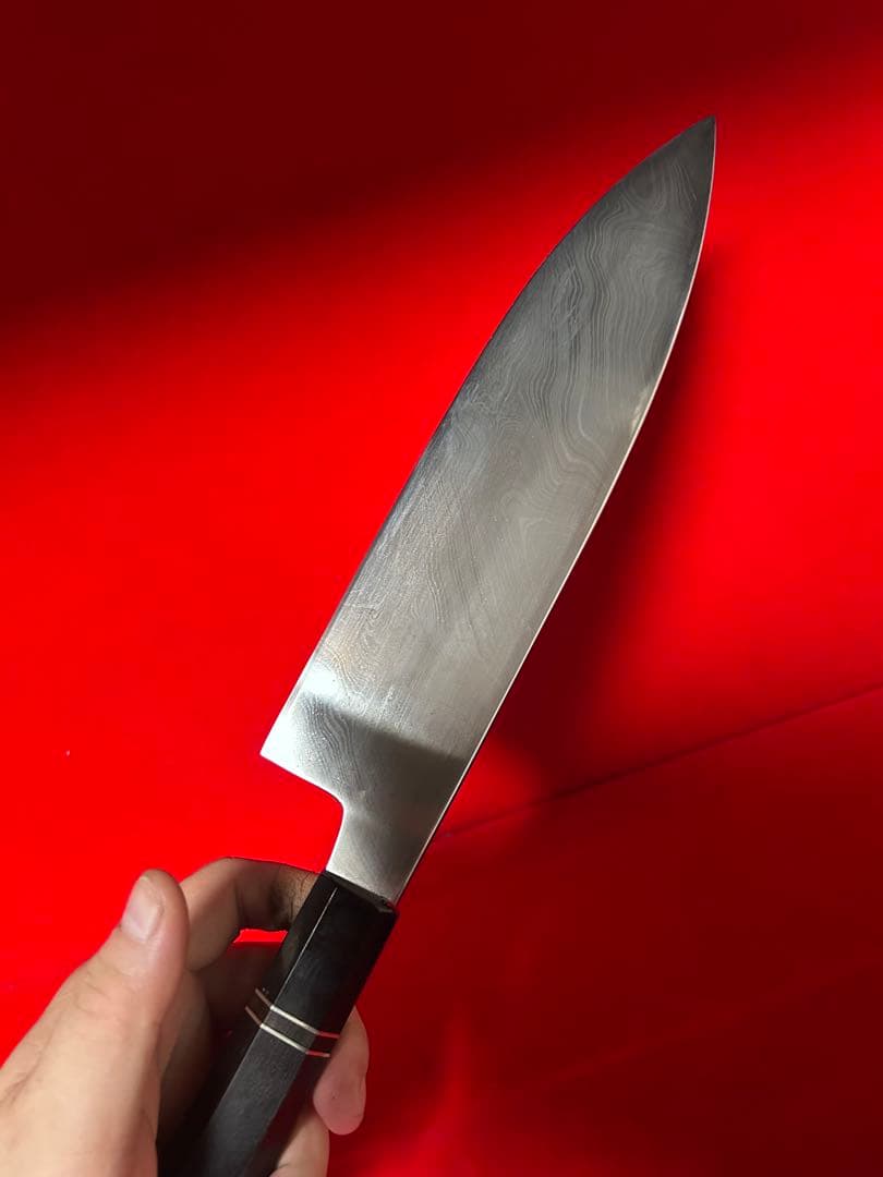 01483 包丁　重啓作　牛刀　墨流し　折り返し鍛錬　スウェーデン鋼　未使用品