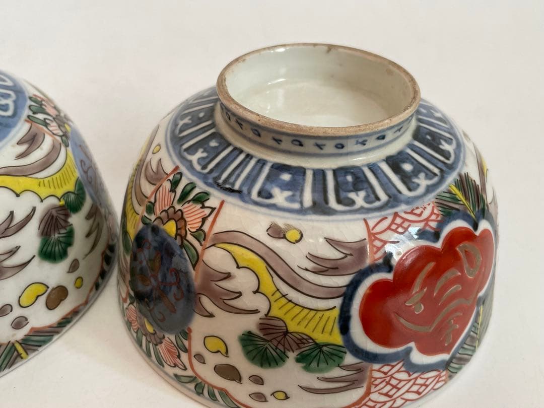 骨董　アンティーク　古伊万里　色絵　蓋付碗　煮物碗　飯碗　蓋茶碗　二客