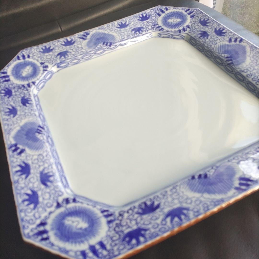 特大 八角皿 有田焼 賞美堂 基泉 染付 草花紋 盛り皿 深皿