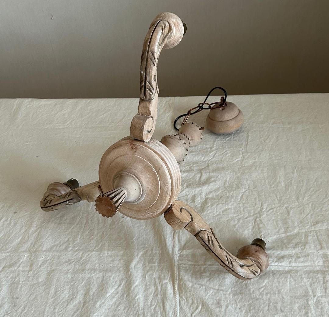 フランスアンティーク　木製シャンデリア　３灯　シャビー　店舗什器