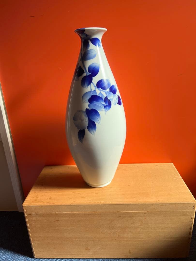 1254  深川製磁　染付花鳥　大花瓶　42cm  未使用