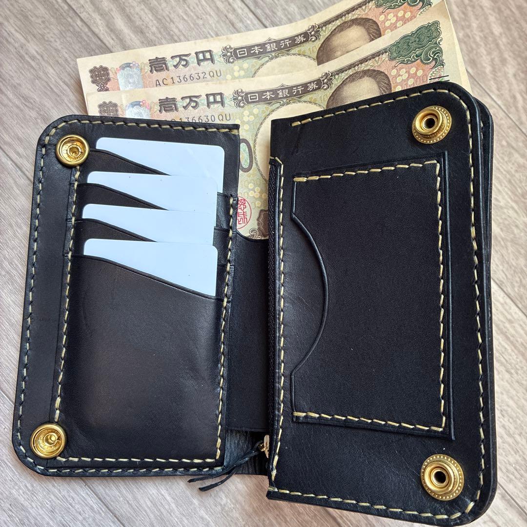 イタリアンレザー　ミドルトラッカーウォレット　真鍮　お札を折らずに収納　タイプB