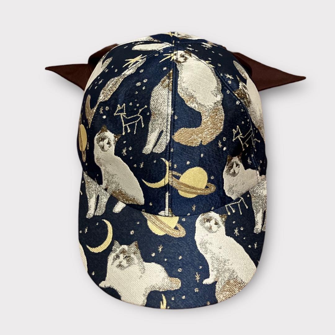 カシラ キャップ リボン 猫 宇宙 ジャガード 極美品 日本製 ネイビー