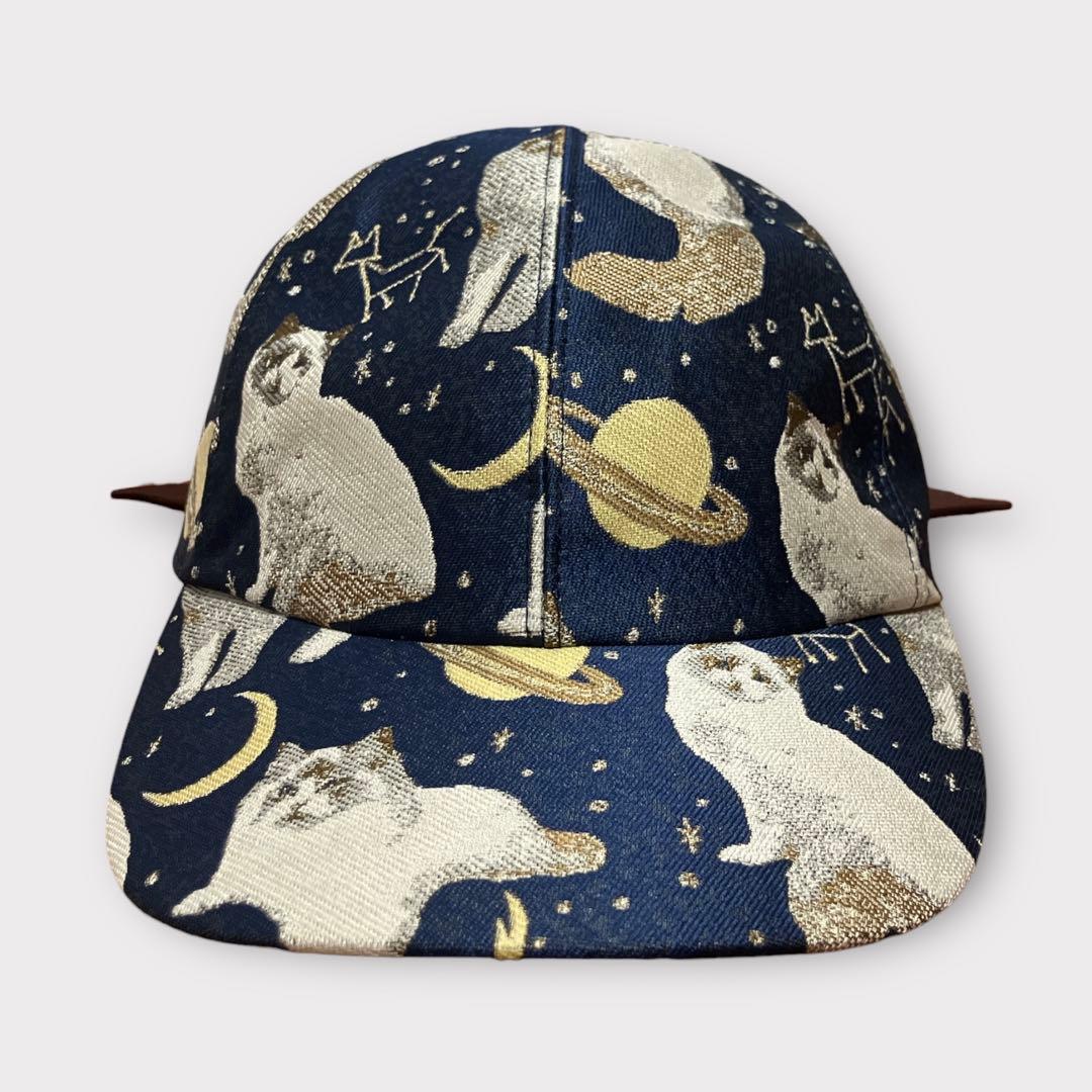 カシラ キャップ リボン 猫 宇宙 ジャガード 極美品 日本製 ネイビー