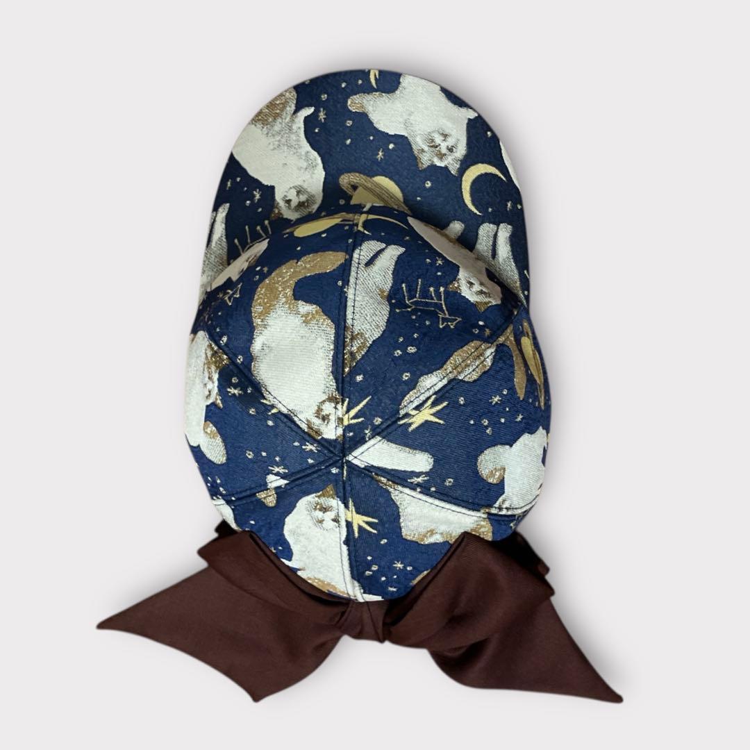 カシラ キャップ リボン 猫 宇宙 ジャガード 極美品 日本製 ネイビー