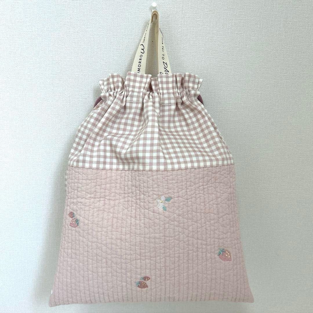 入園入学3点セット　【いちごピンクヌビ×くすみピンクチェック】　女の子　裏地なし