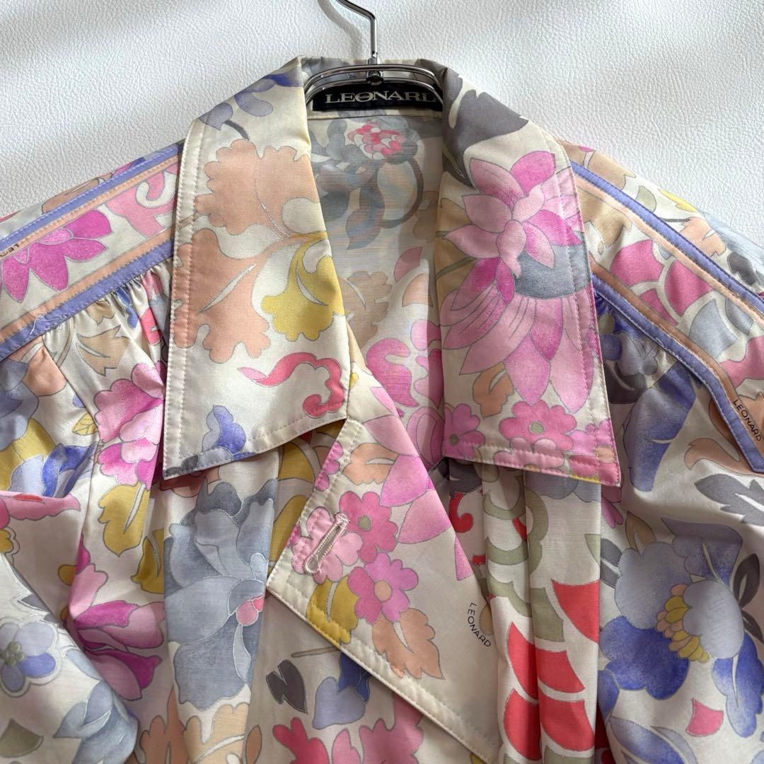 レオナール シルク100% トレンチコート 花柄 トリム M〜L スプリング