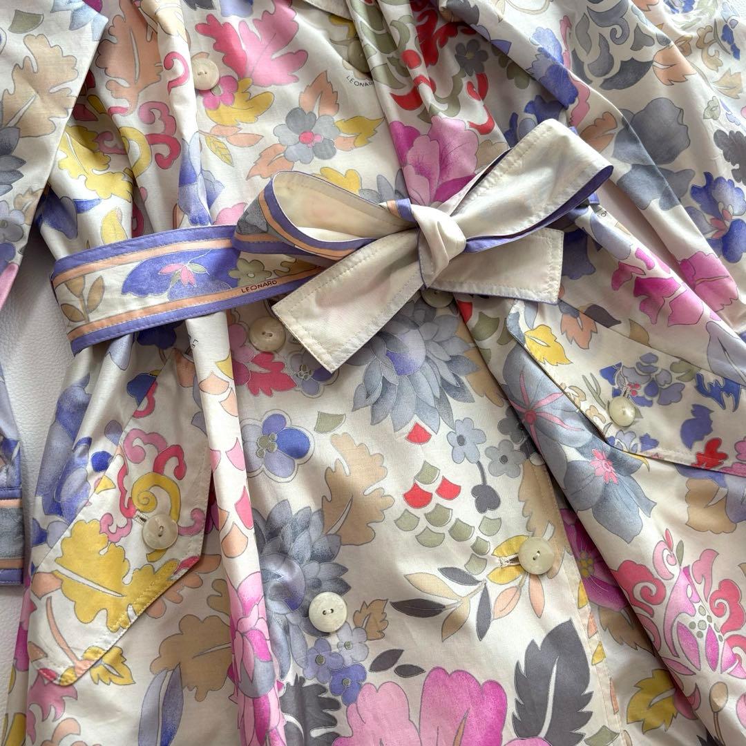 レオナール シルク100% トレンチコート 花柄 トリム M〜L スプリング