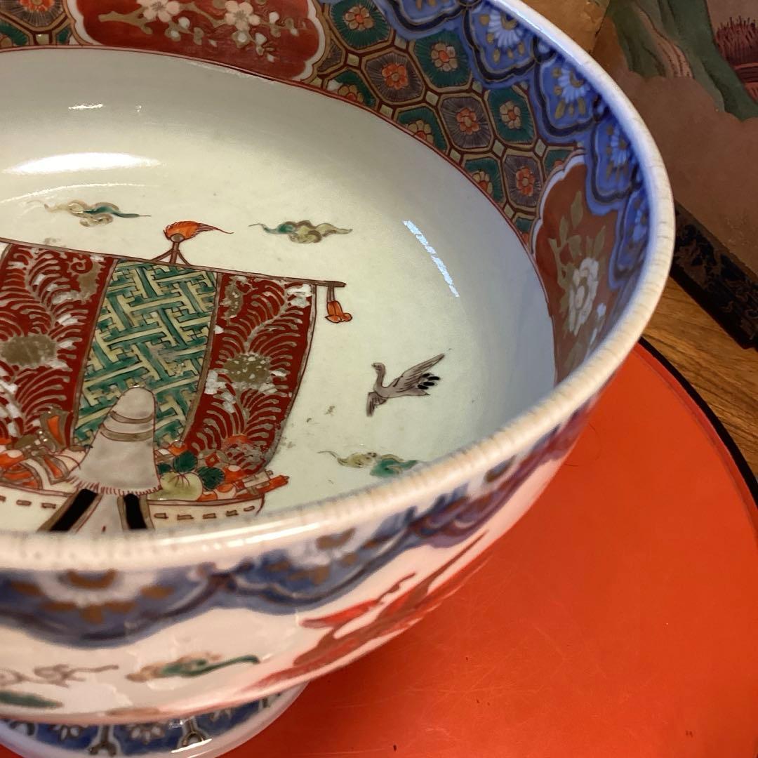 A1030 古伊万里　染錦手　見込宝船　鳳凰紋様　盃洗　　1客（箱付）