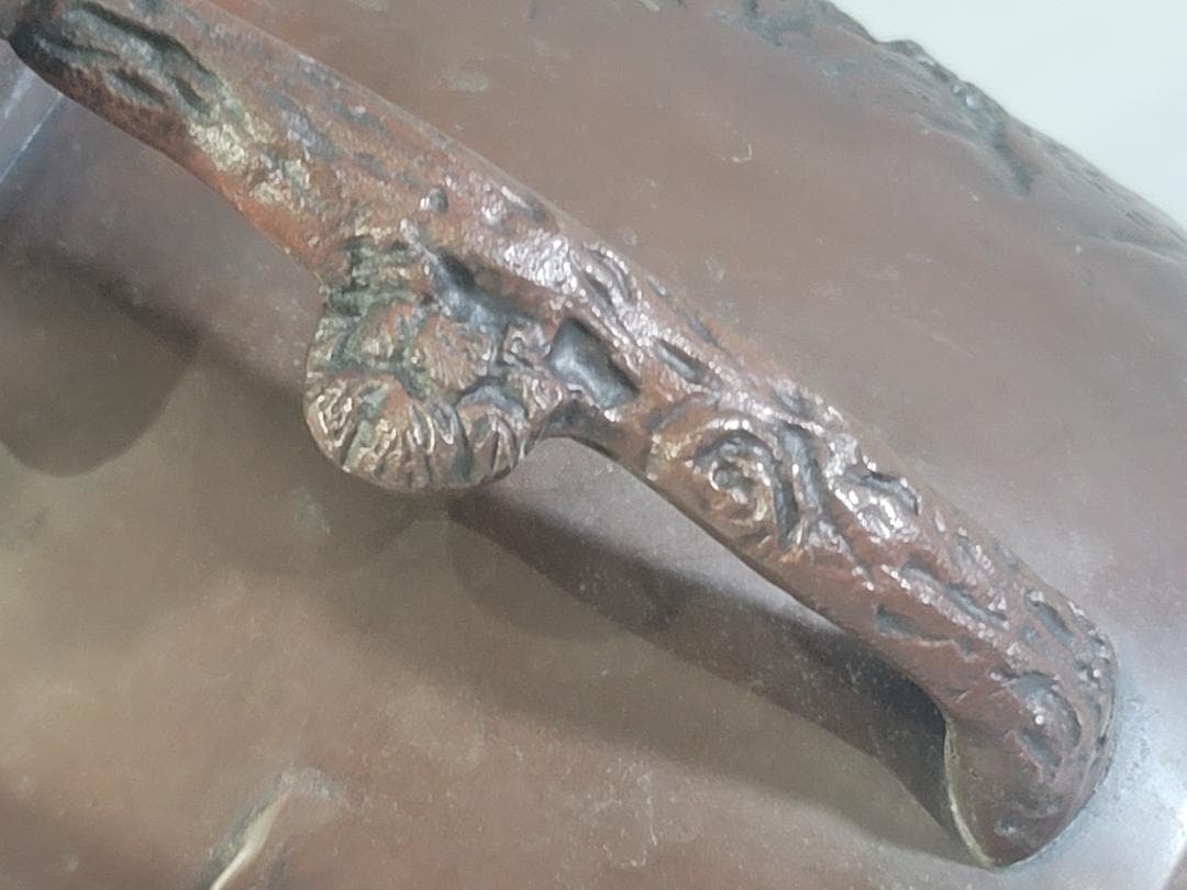 煎茶 銅 楼閣山水紋 霊芝手付 建水 琢斎造 DT322