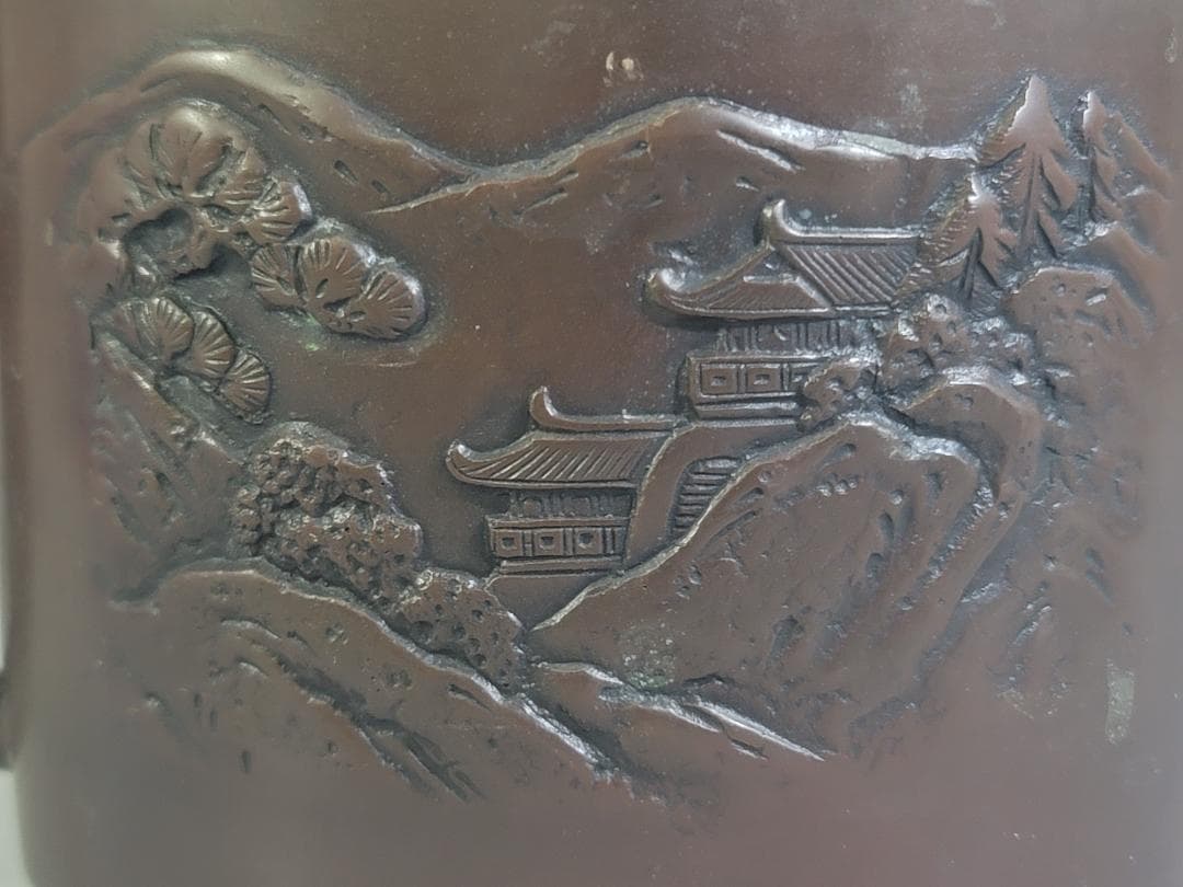 煎茶 銅 楼閣山水紋 霊芝手付 建水 琢斎造 DT322