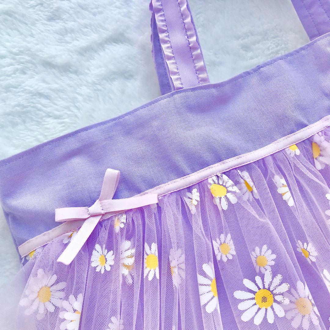 お花いっぱい　プリンセスお着替え袋　ふわふわドレス紫パープルイエロー黄色