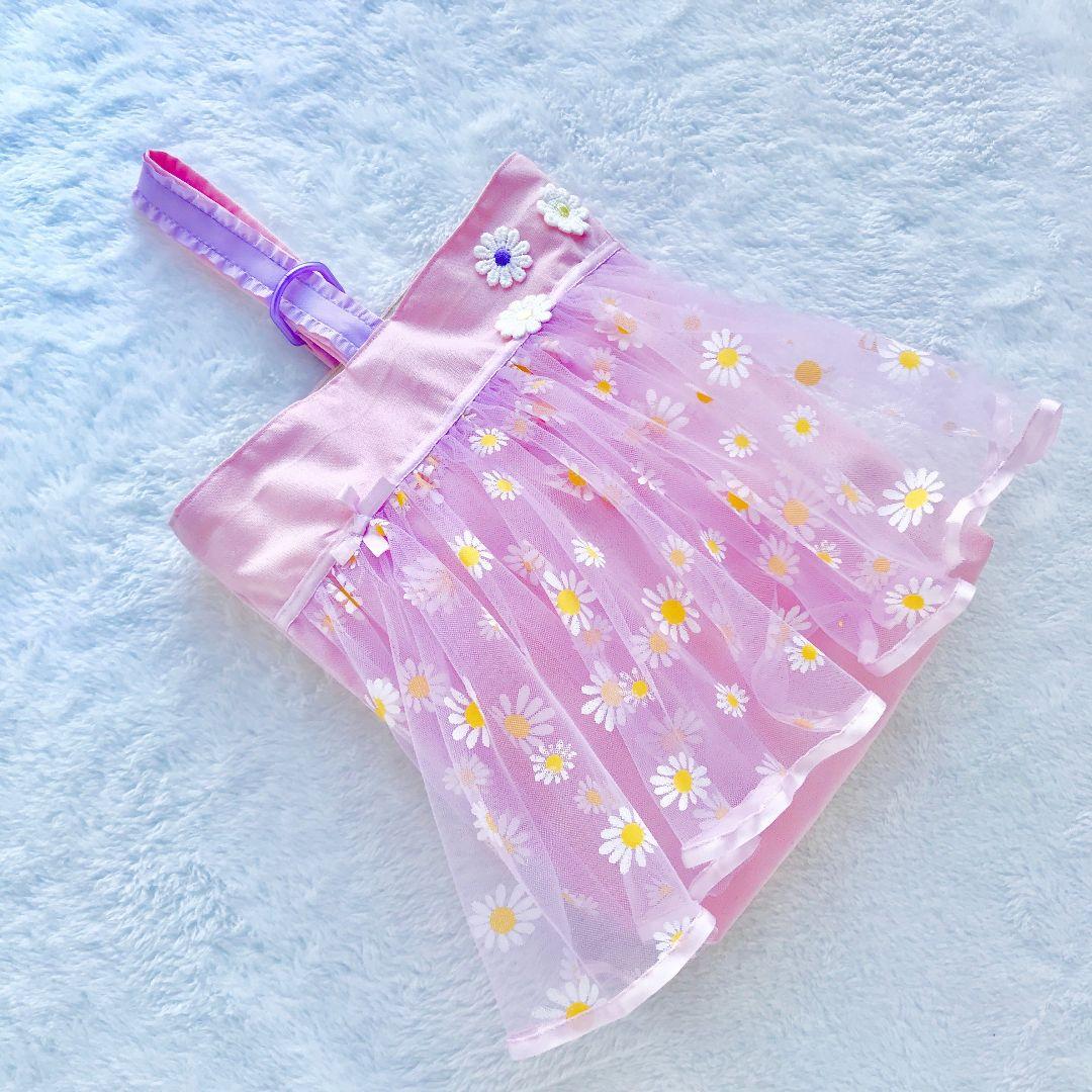 お花いっぱい　プリンセスお着替え袋　ふわふわドレス紫パープルイエロー黄色