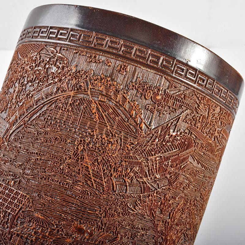 中国　古竹彫刻　清明上河図刻　筆筒　V　R7106