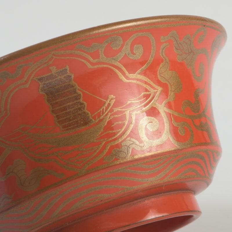 時代根来　朱塗　山水人物蒔絵　杯　盃　在銘　共箱　C　9394