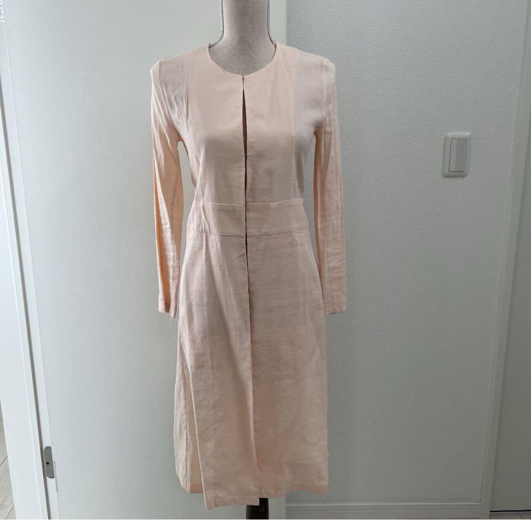 theory 麻素材ノーカラーコート ピンク系