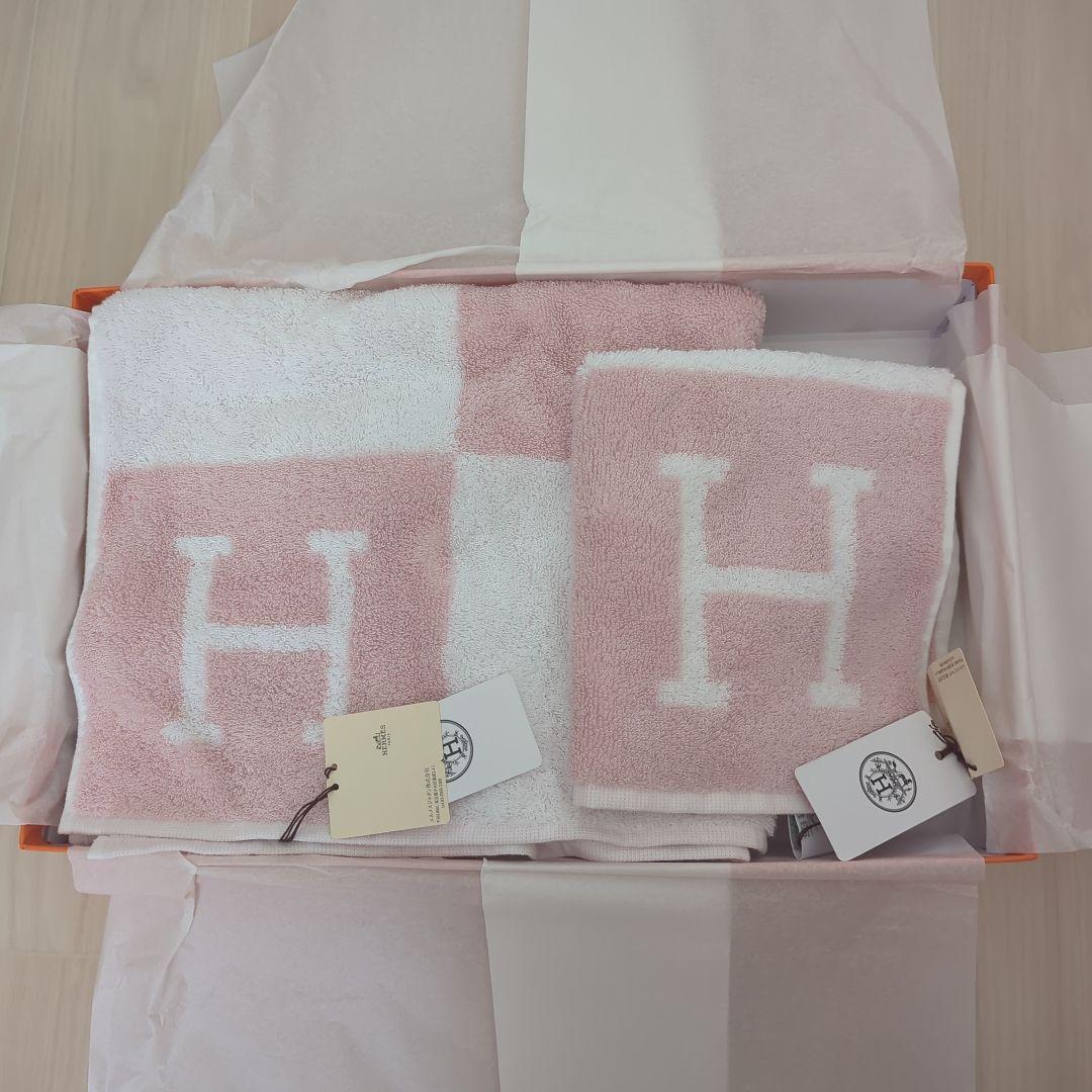 【新品タグ付】HERMES Hロゴ タオルハンカチ バスタオル セット ピンク