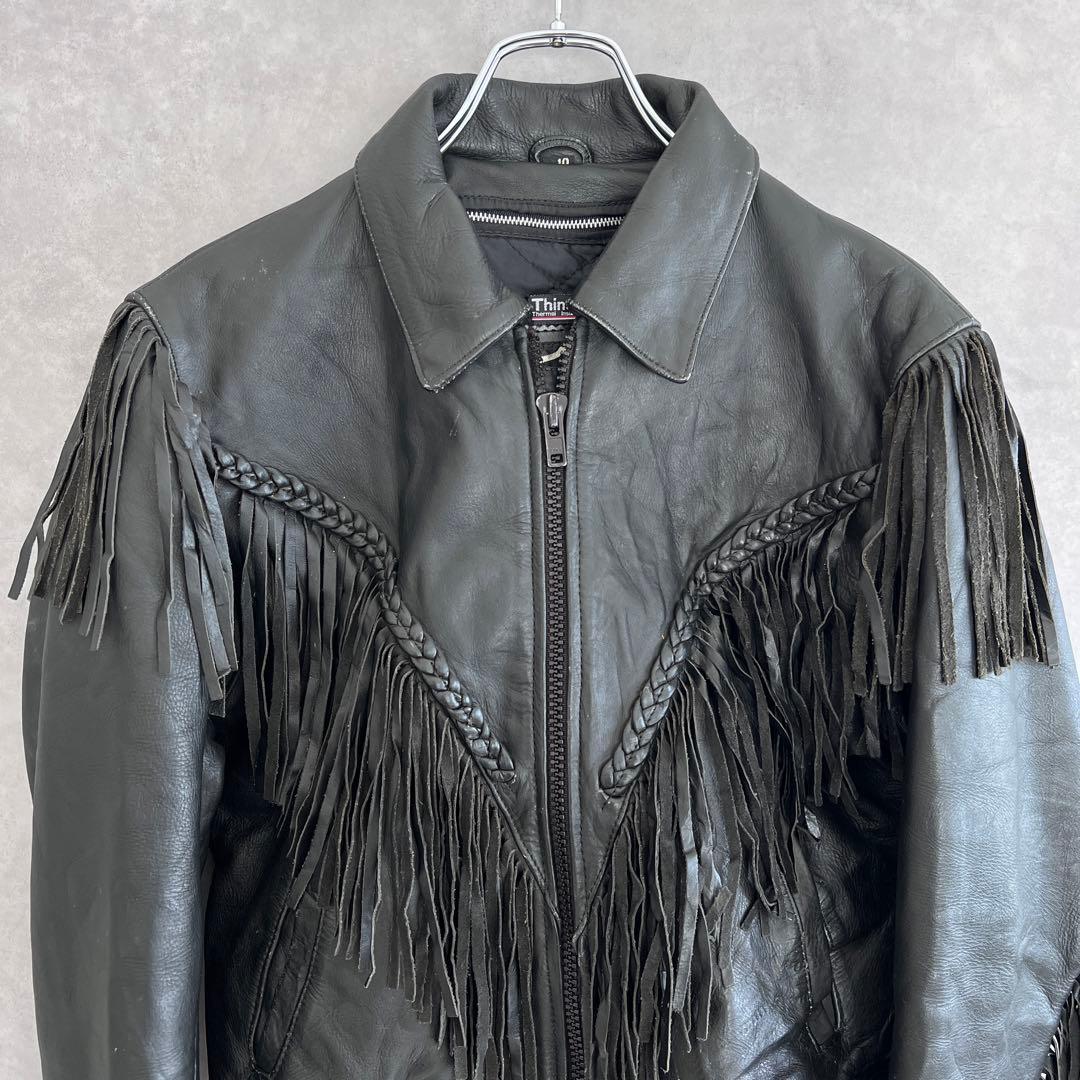 古着 本革フリンジライダースジャケット ヴィンテージ レザー ブラック 10号
