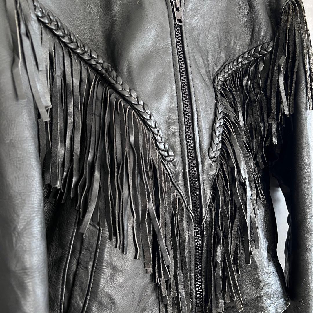 古着 本革フリンジライダースジャケット ヴィンテージ レザー ブラック 10号