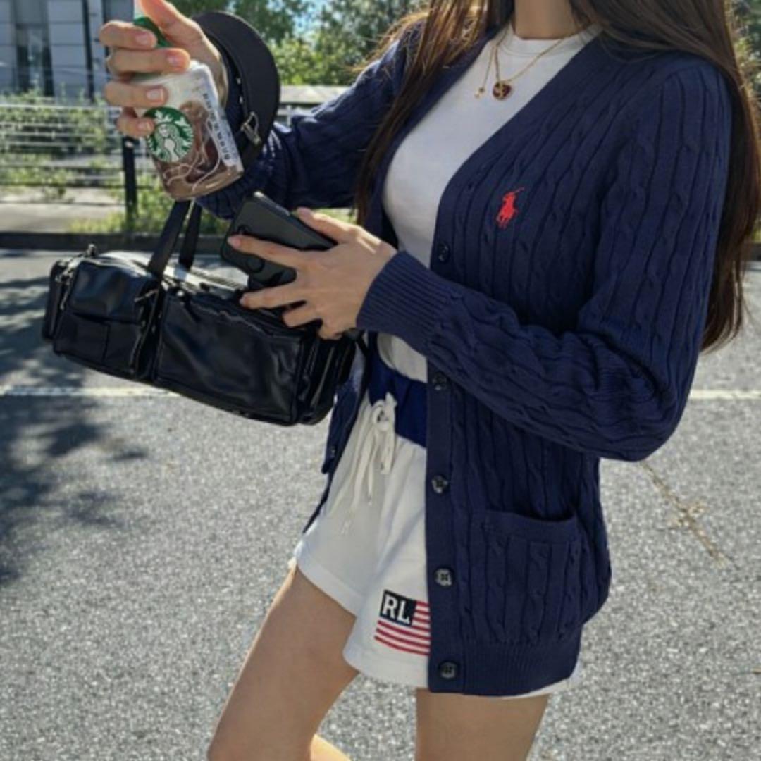 数回着 ラルフローレン コットンケーブルニットカーディガン ネイビー 定番