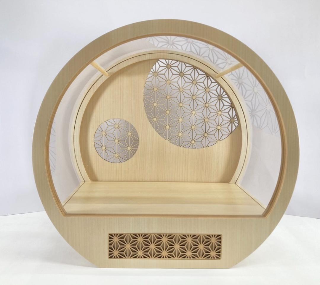 ケースのみ 桧ナチュラル 麻の葉レーザー彫刻 30丸型前開きアクリルケース