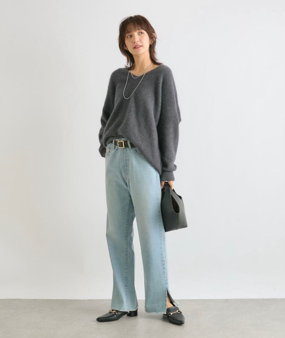 【新品・タグ付】リヴドロワ ヘアリーウール片畦Vネックニット チャコールグレー