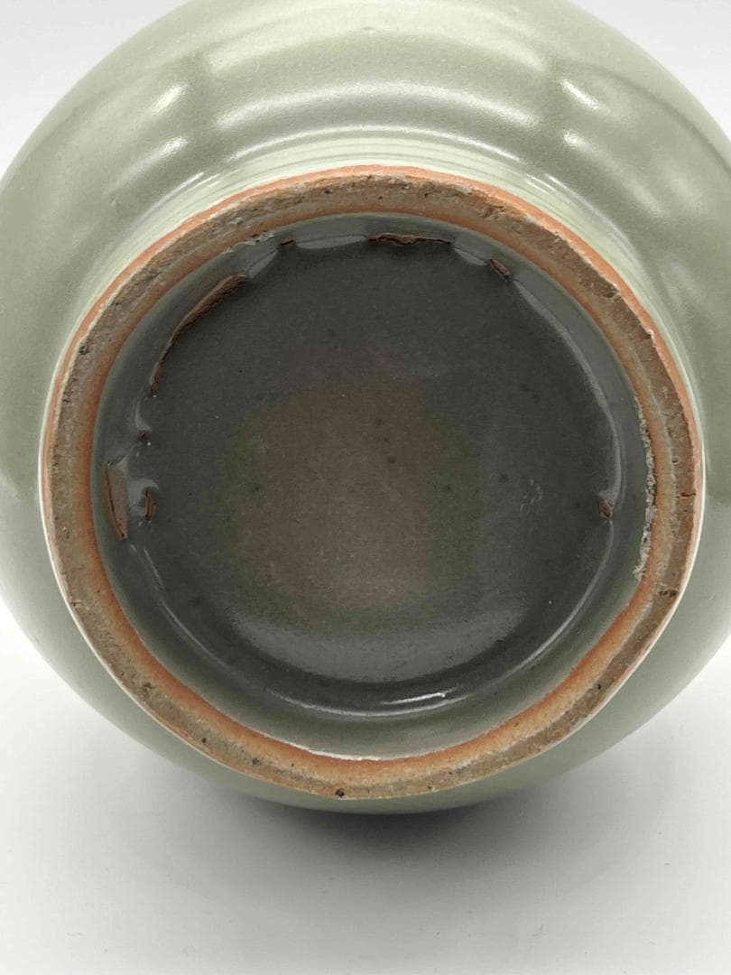 南宋時代　龍泉窯　 梅子青 青磁弦文盤口瓶 花入　花瓶　茶道具(E-81)