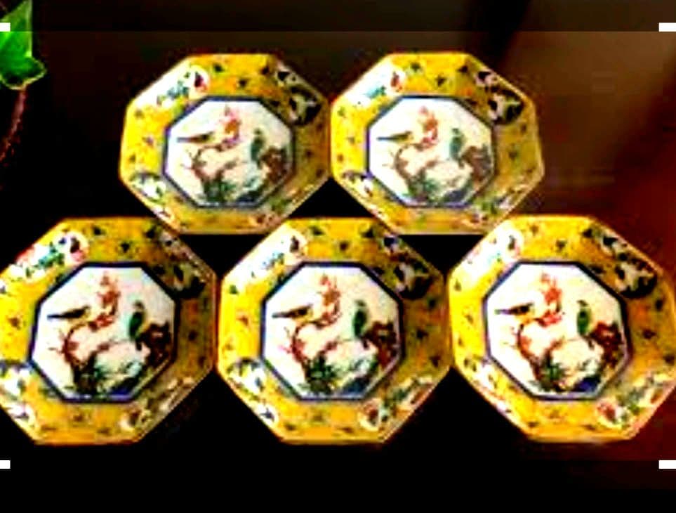 九谷焼青郊窯「吉田屋風丸紋間取花鳥」八角皿