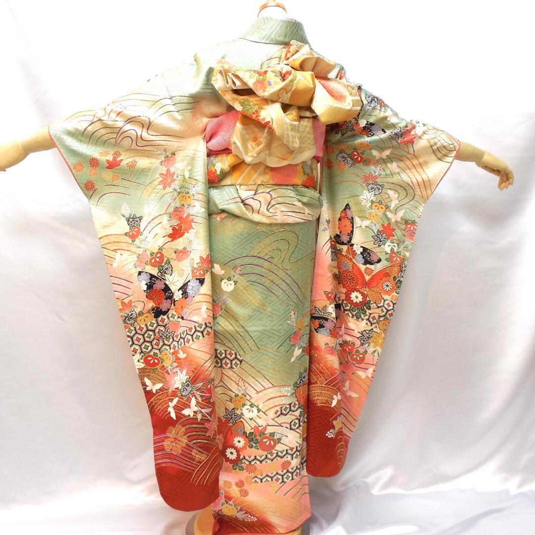 極美品★振袖フルセット　正絹　振袖　7点セット　成人式　Mサイズ　緑　赤　古典柄