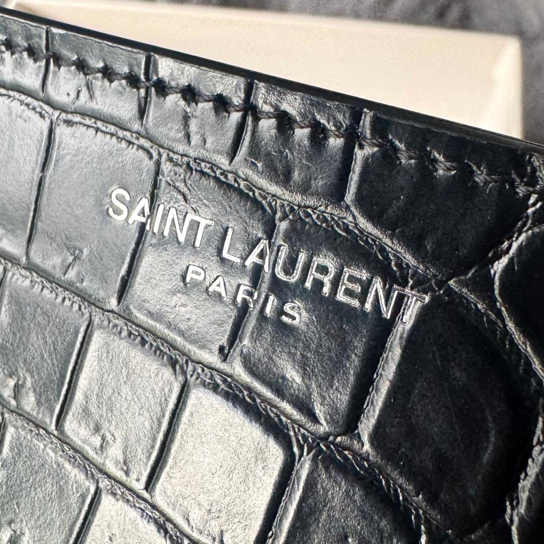 SAINT LAURENT クロコ型押し エンボスレザー 二つ折り財布 ブラック